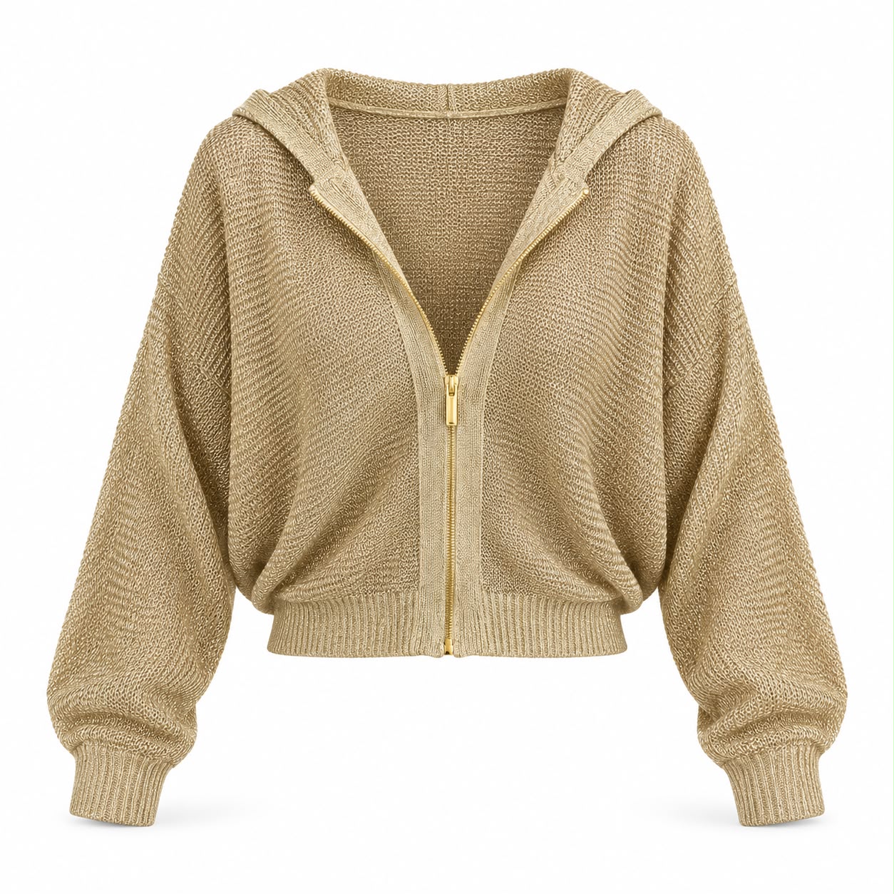 09800d9c-4c36-4797-9c37-b4a857014c68 Gold Metallic Knit Zip Hoodie - Image 1