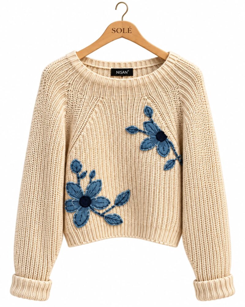 Nisan Beige Knit Sweater With Blue Floral Appliqué