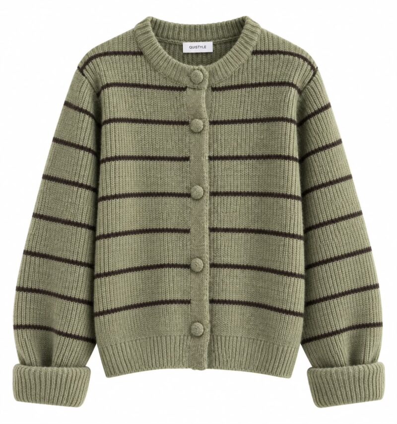 Olive Striped Knit Button Cardigan