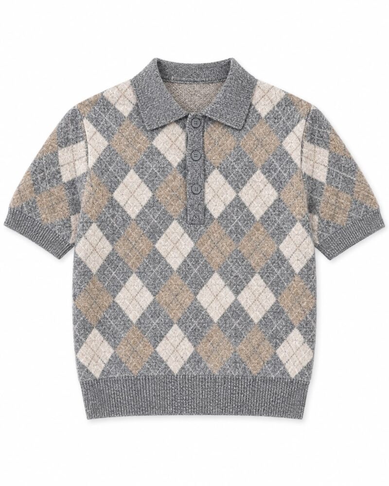 Gray Beige Argyle Knit Polo Sweater