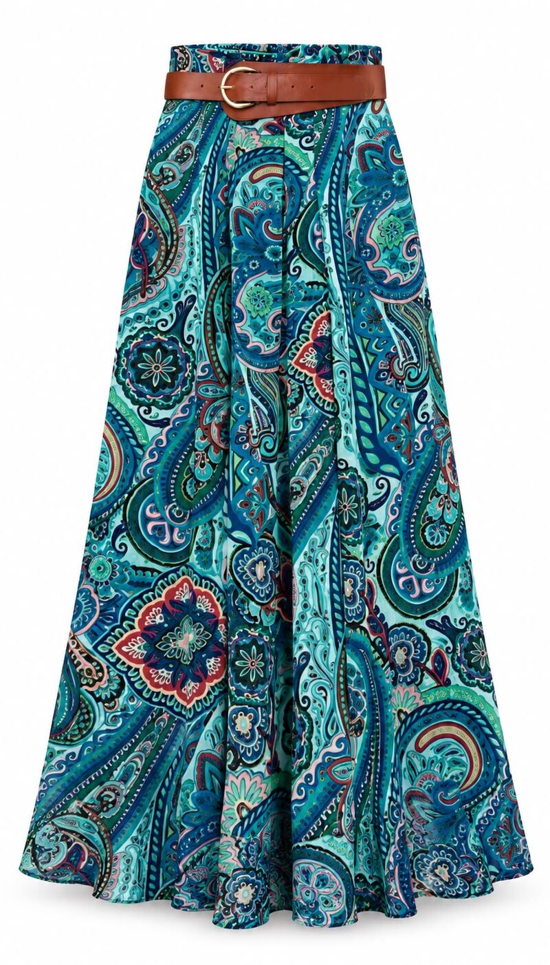 Blue Paisley Maxi Skirt With Belt