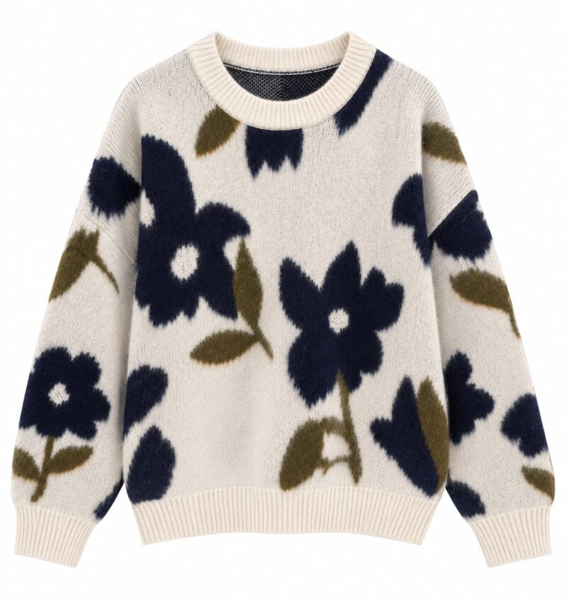 Cream Floral Pattern Knit Sweater