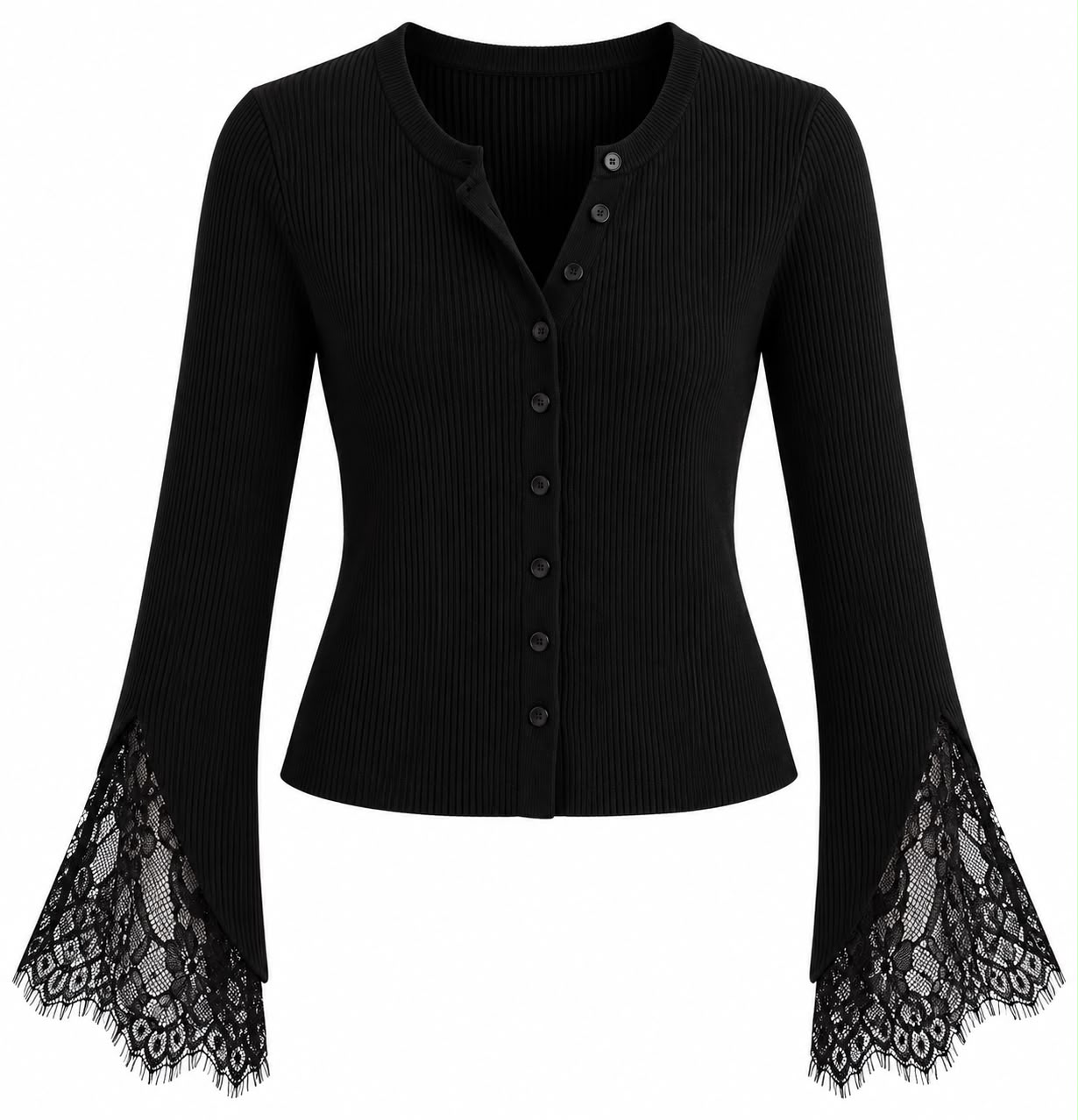 668c65bc-fd51-485e-bfa3-09af7f6fb54d Black Button Up Top With Lace Bell Sleeves - Image 1