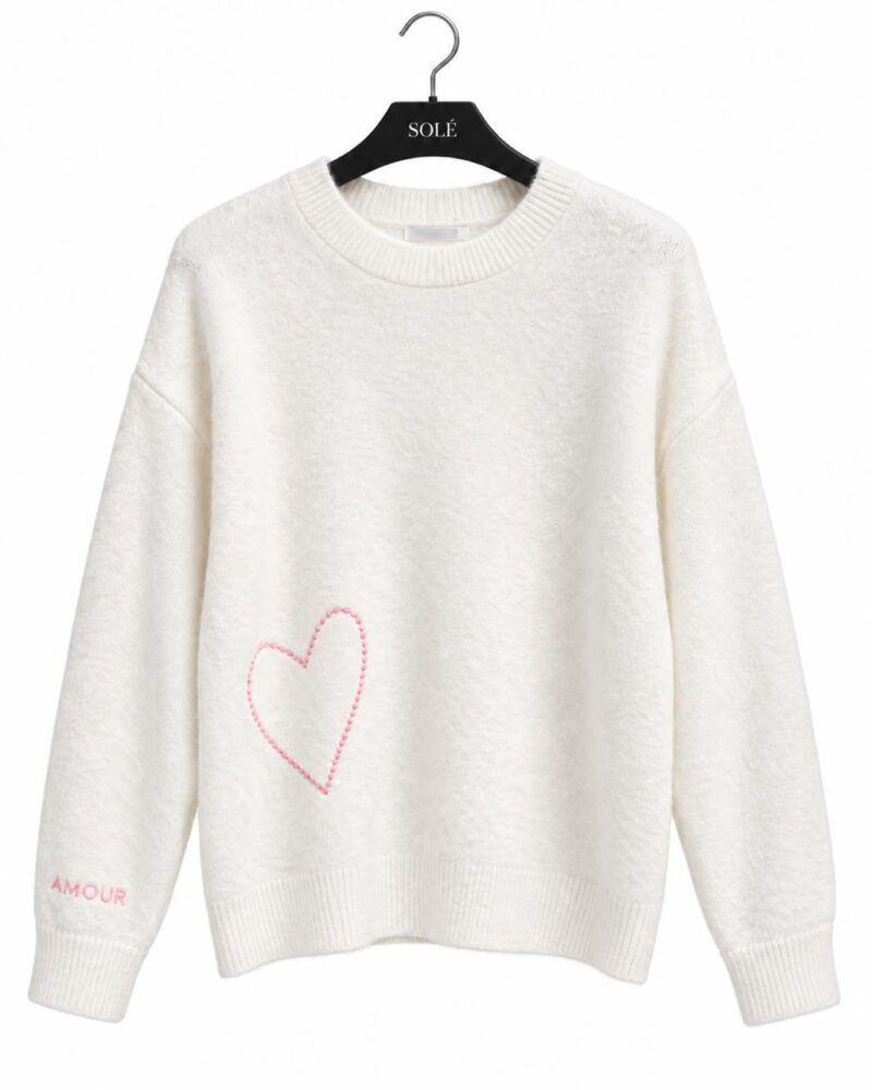 White Sweater With Pink Heart Embroidery