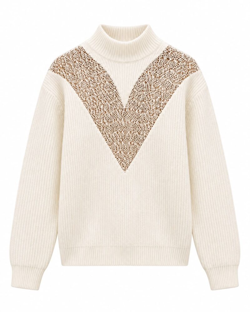 Cream Turtleneck Sweater With Lace Detail