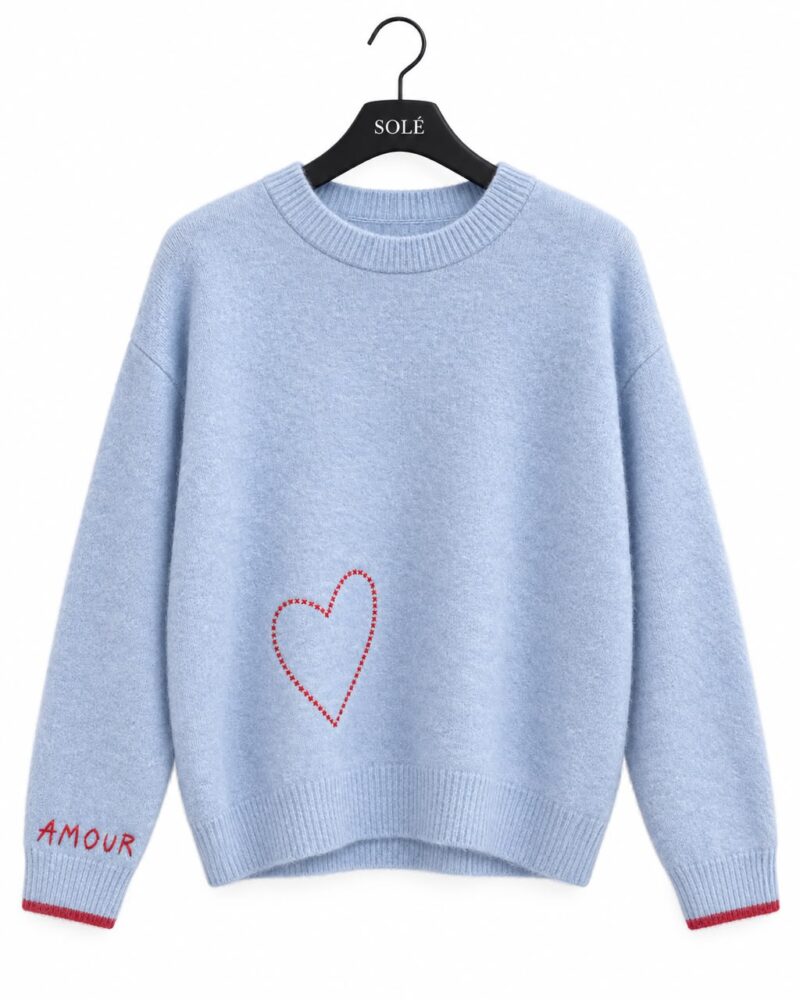 Light Blue Heart Embroidered Sweater
