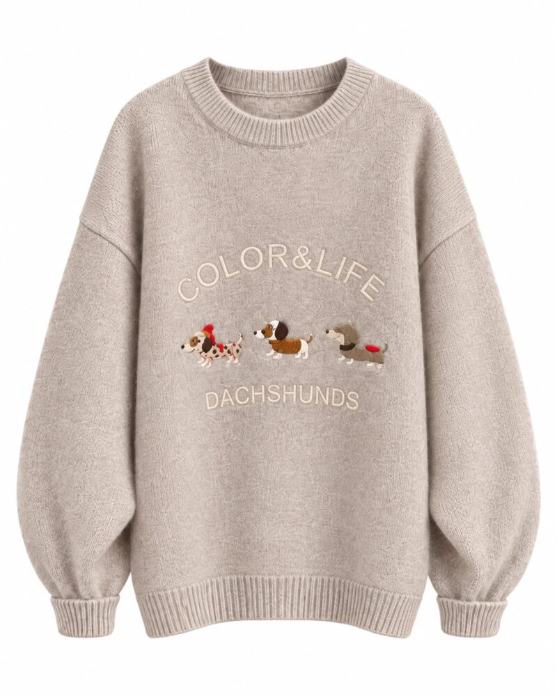 Beige Dachshund Graphic Knit Sweater