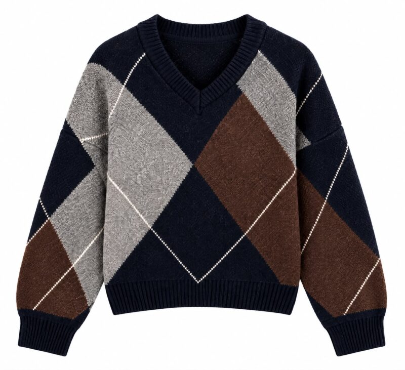 Navy Brown Argyle Knit V-Neck Sweater