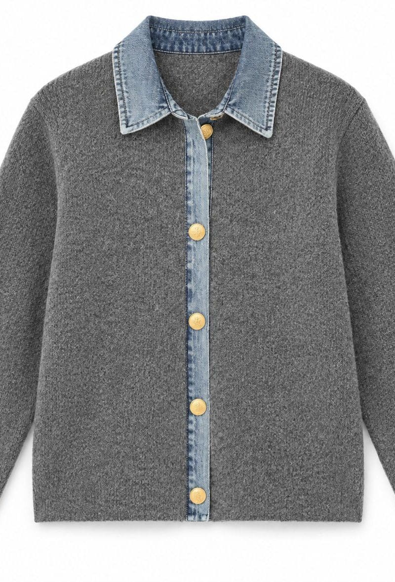 Gray Sweater Cardigan With Denim Trim