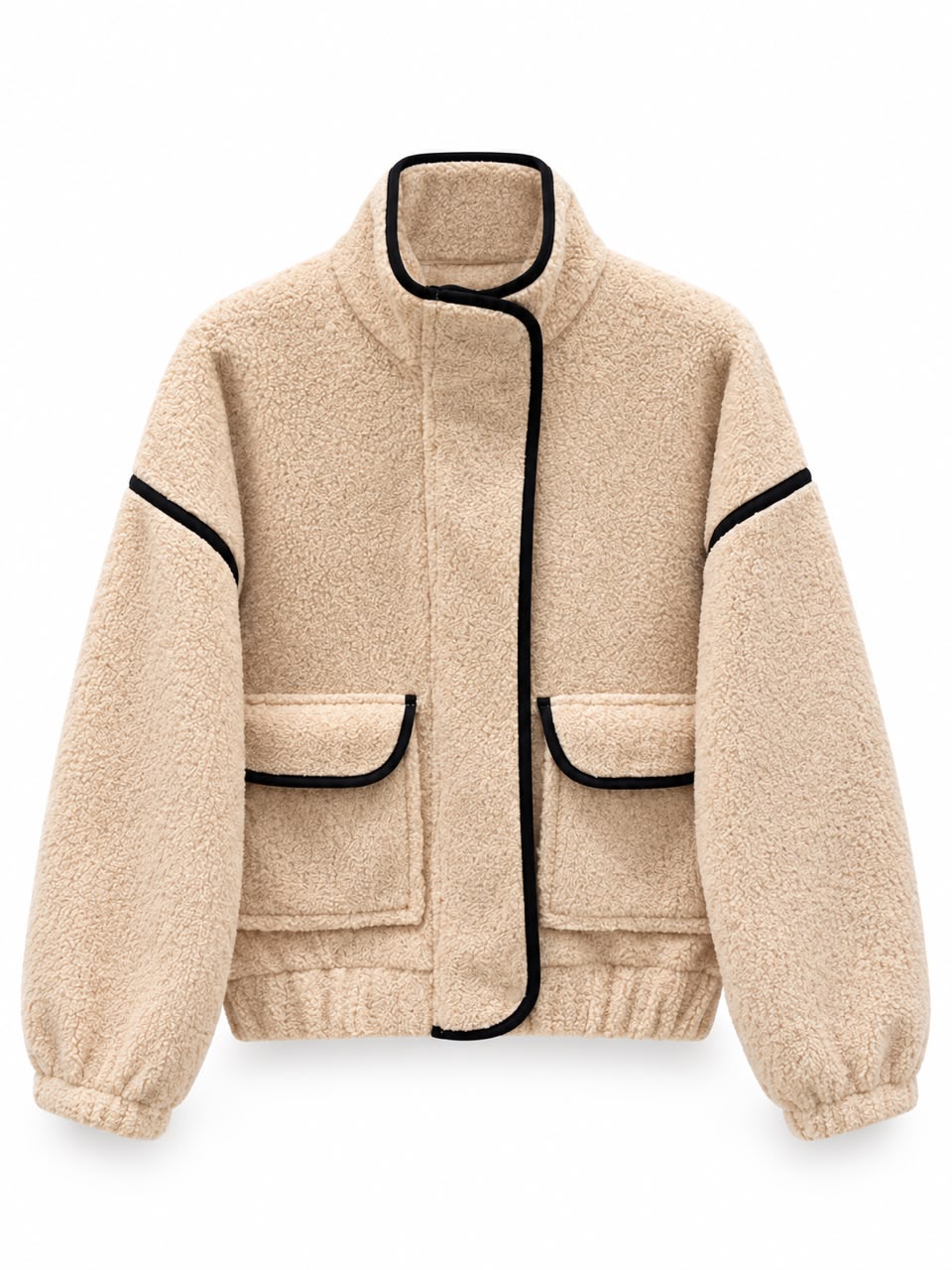 WhatsApp Image 2026-09-06 at 12.13.27 Beige Sherpa Fleece Jacket With Black Trim - Image 1