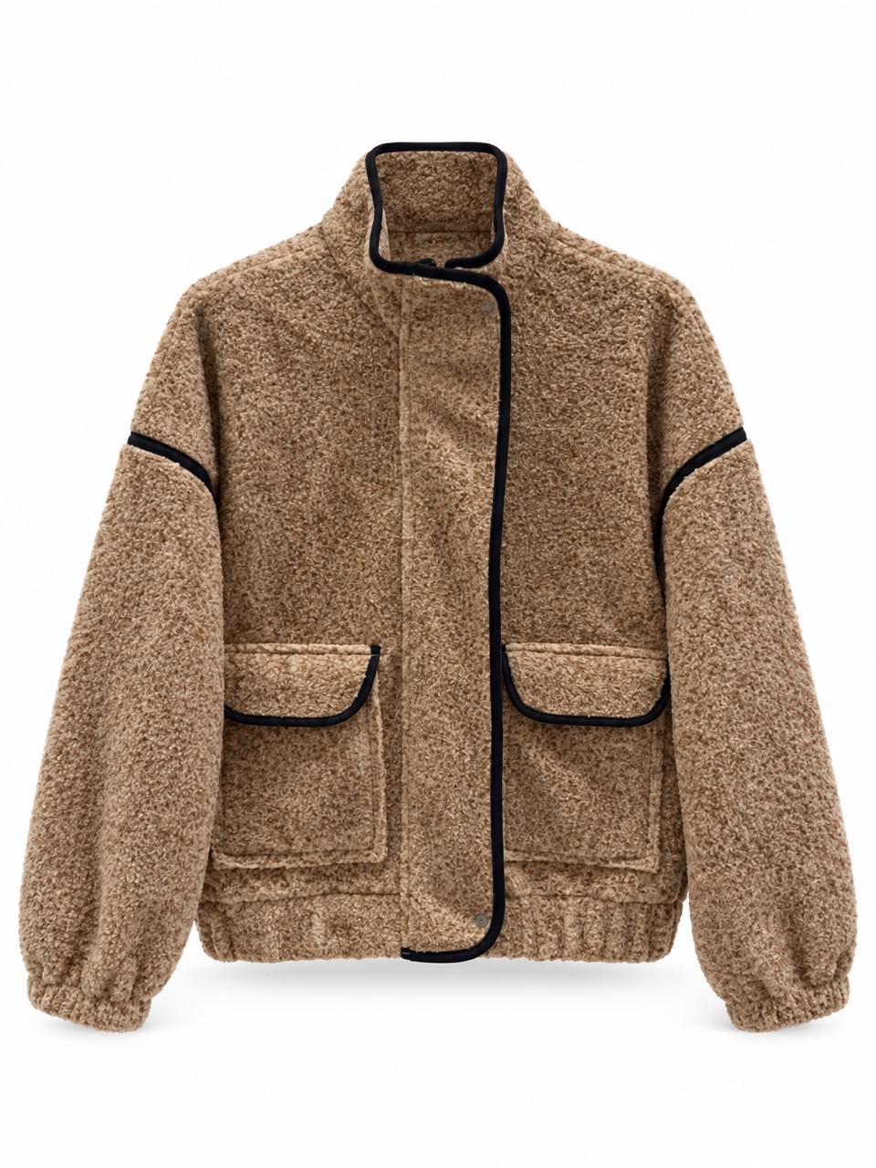 WhatsApp Image 2026-09-06 at 12.13.31 Tan Sherpa Fleece Jacket With Black Trim - Image 1