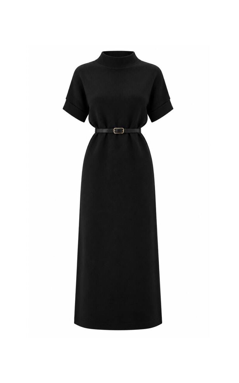 Black Short Sleeve Belted Midi Dress