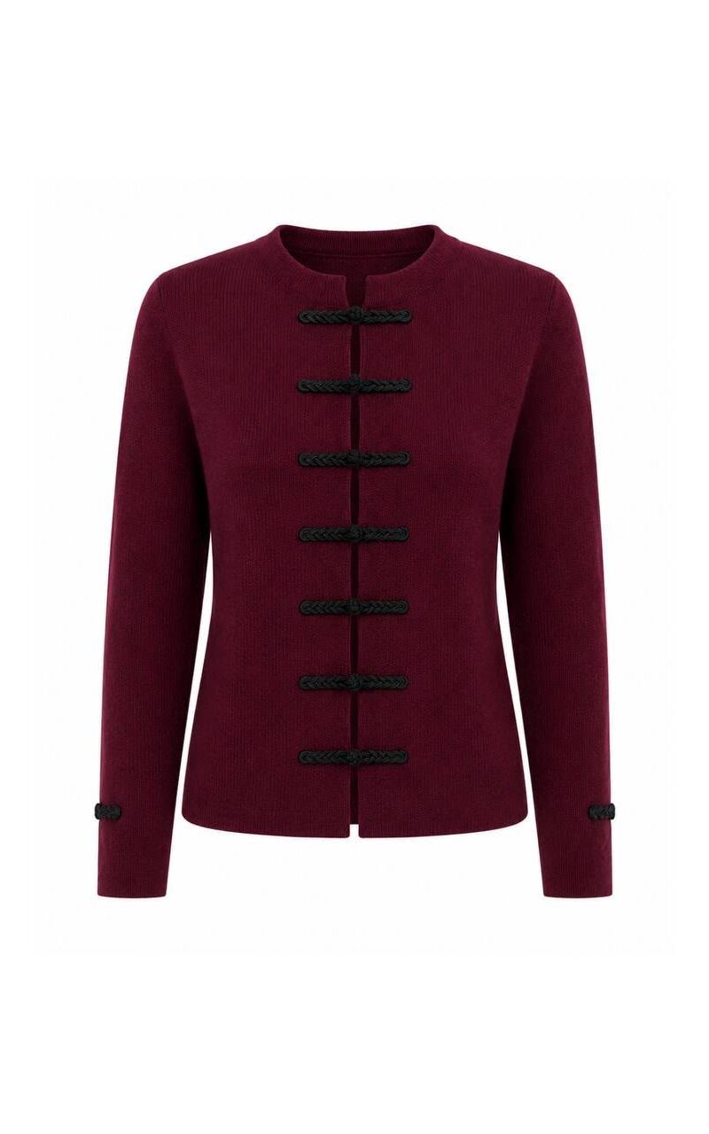 Burgundy Mandarin Collar Knit Jacket