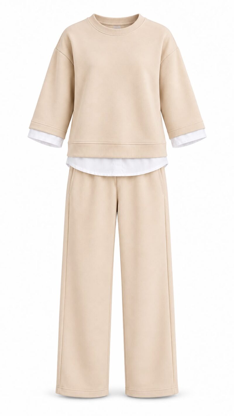 Beige Wide Leg Pants and Sweatshirt Set
