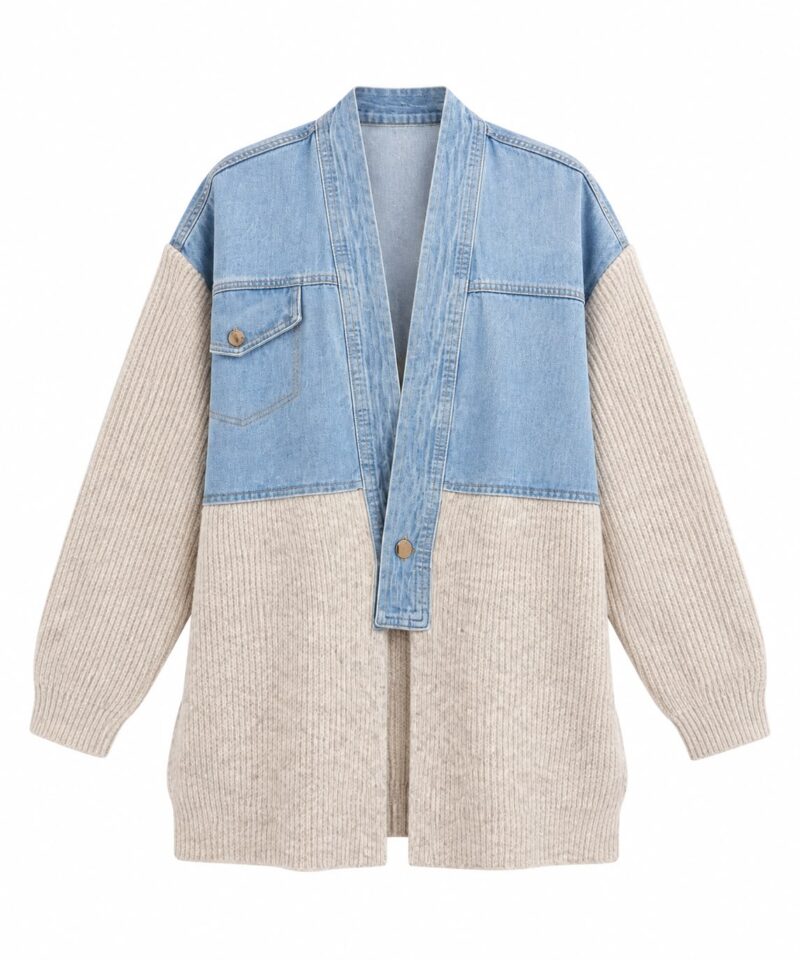 Denim and Knit Colorblock Cardigan