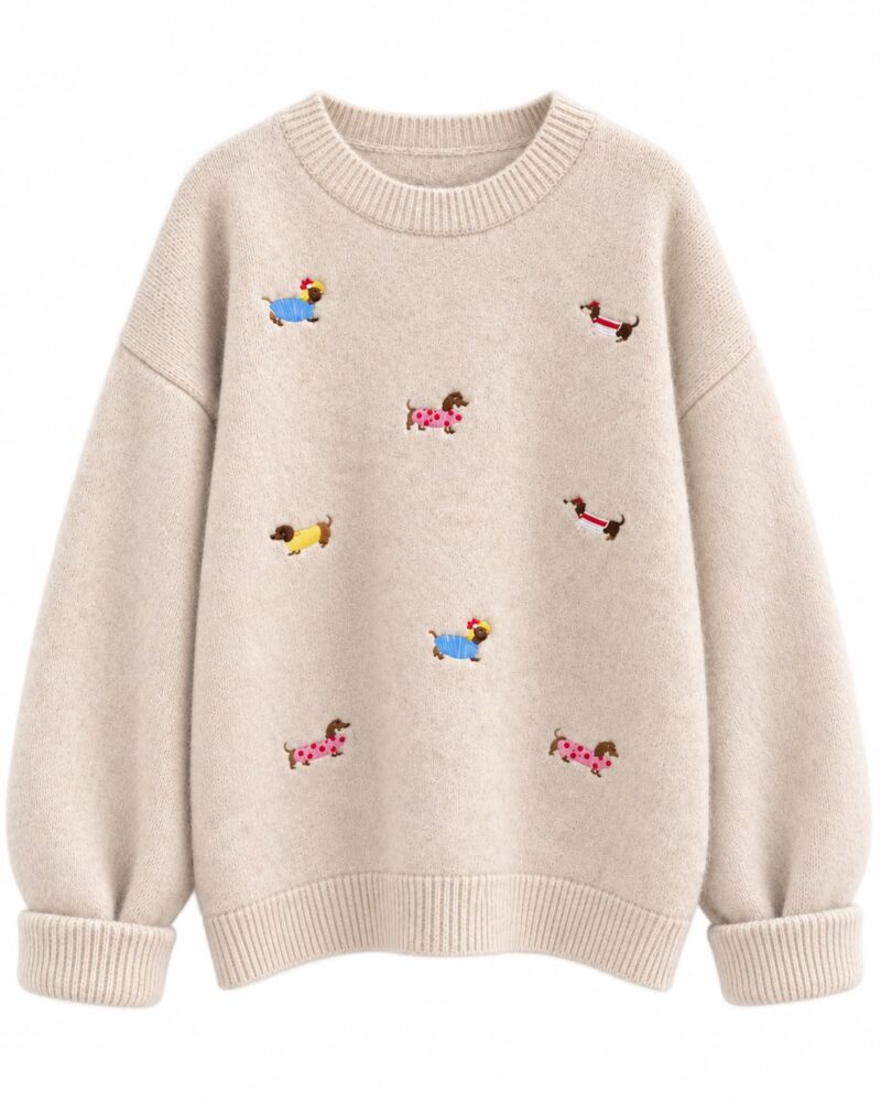 Beige Sweater With Dachshund Dog Embroidery