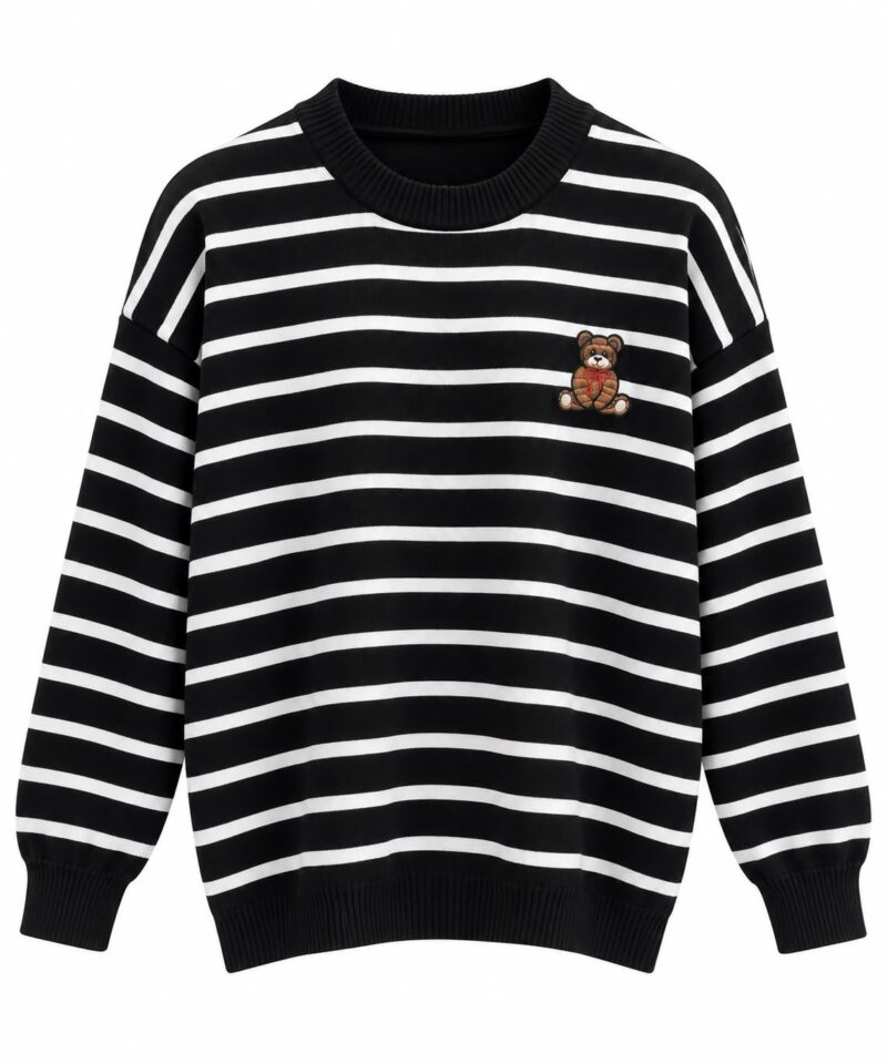 Black White Striped Sweatshirt With Bear Patch