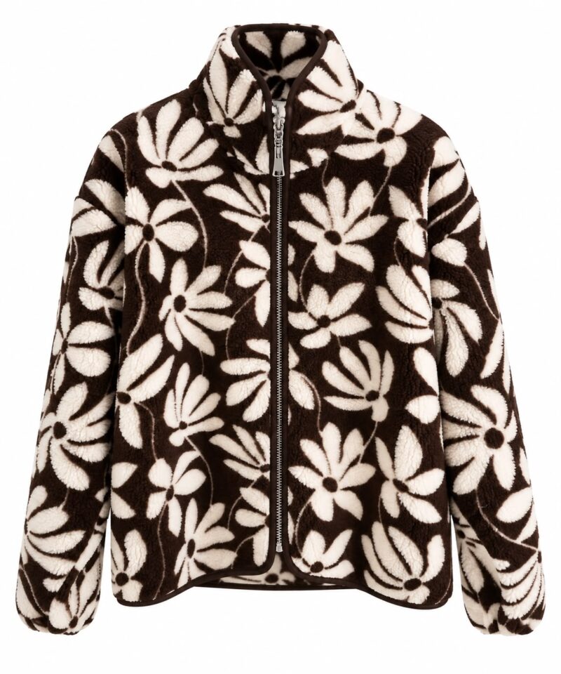 Brown Floral Fleece Zip Jacket