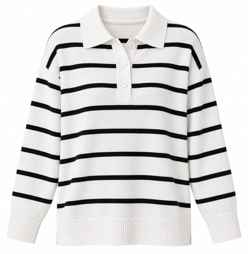 White Black Striped Polo Sweater