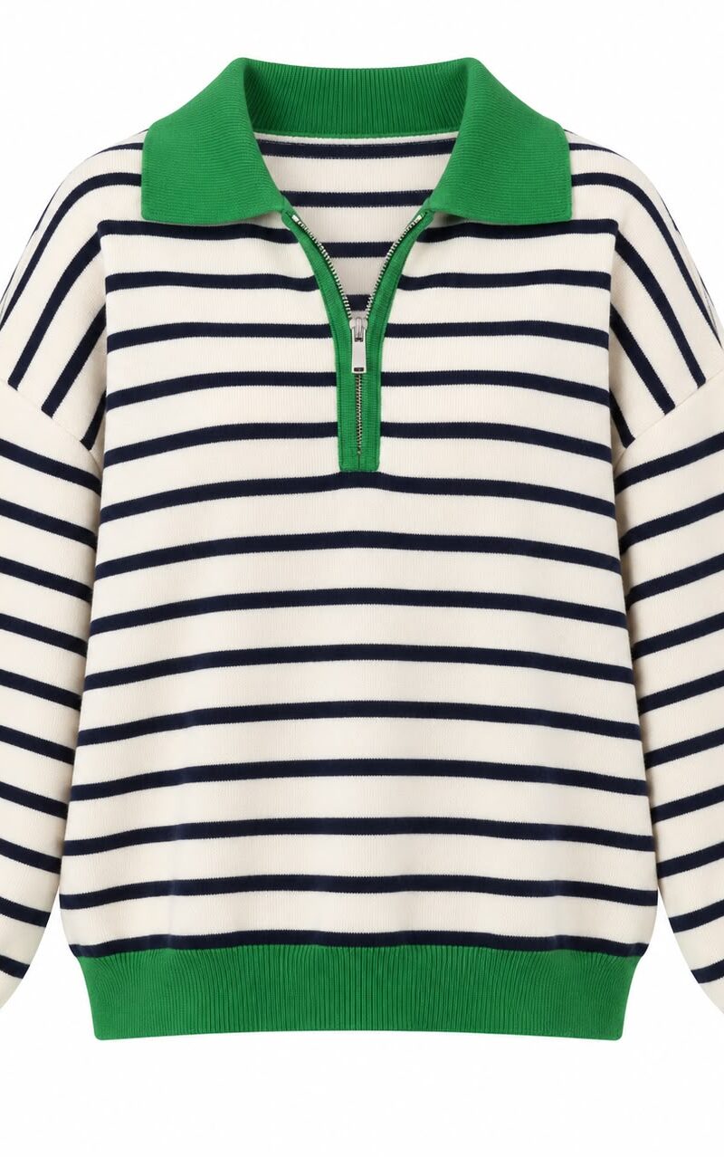 Striped Quarter Zip Knit Pullover Green Collar