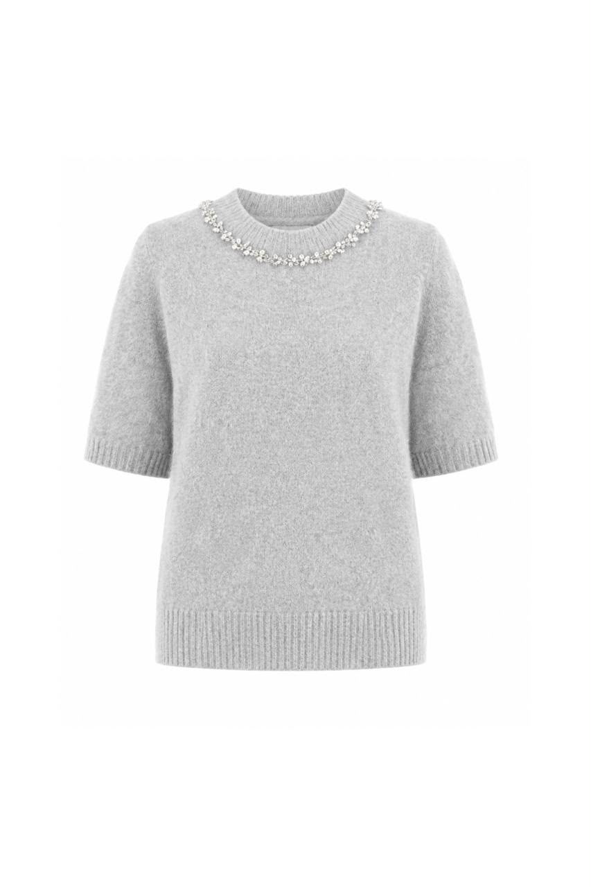 bcebe9c0-361d-4539-918e-91fe4d4849e0 Grey Short Sleeve Sweater With Beaded Collar - Image 1