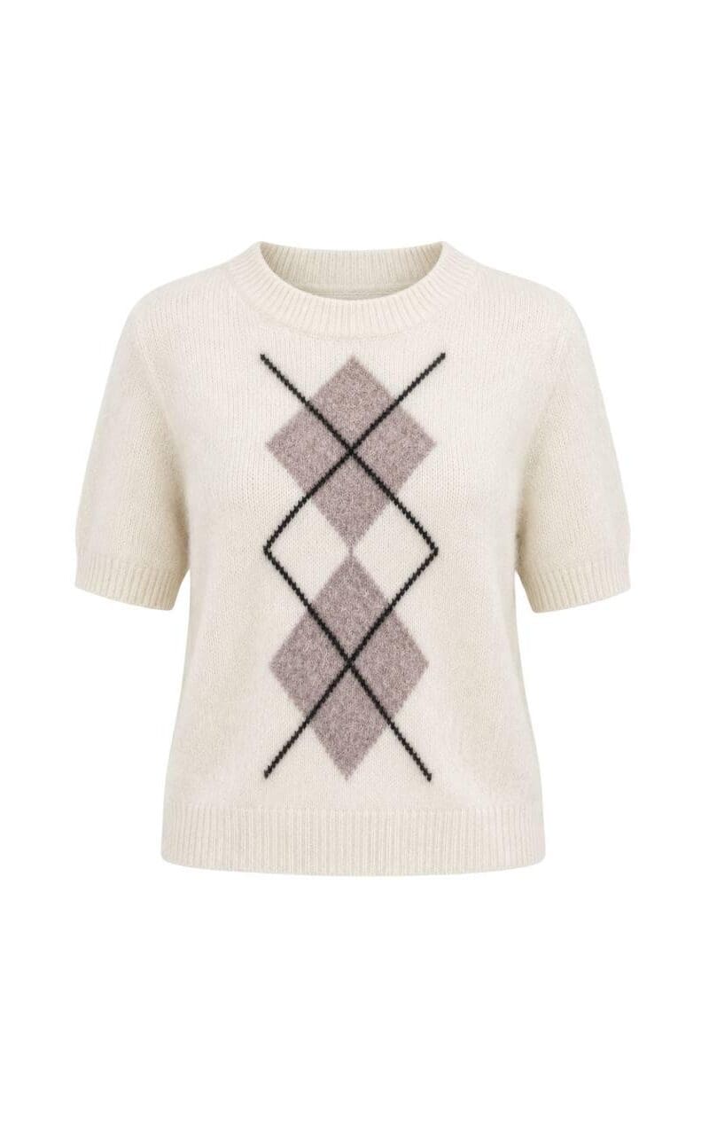White Argyle Short Sleeve Knit Sweater