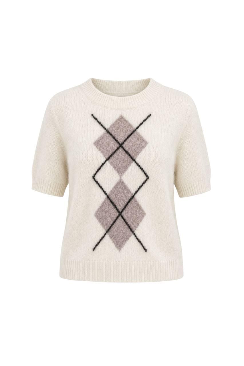 c4726c4b-07d6-4168-8b11-60229e36ddf9 White Argyle Short Sleeve Knit Sweater - Image 1