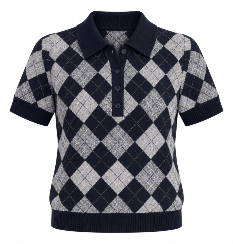 Navy Argyle Short Sleeve Polo Sweater
