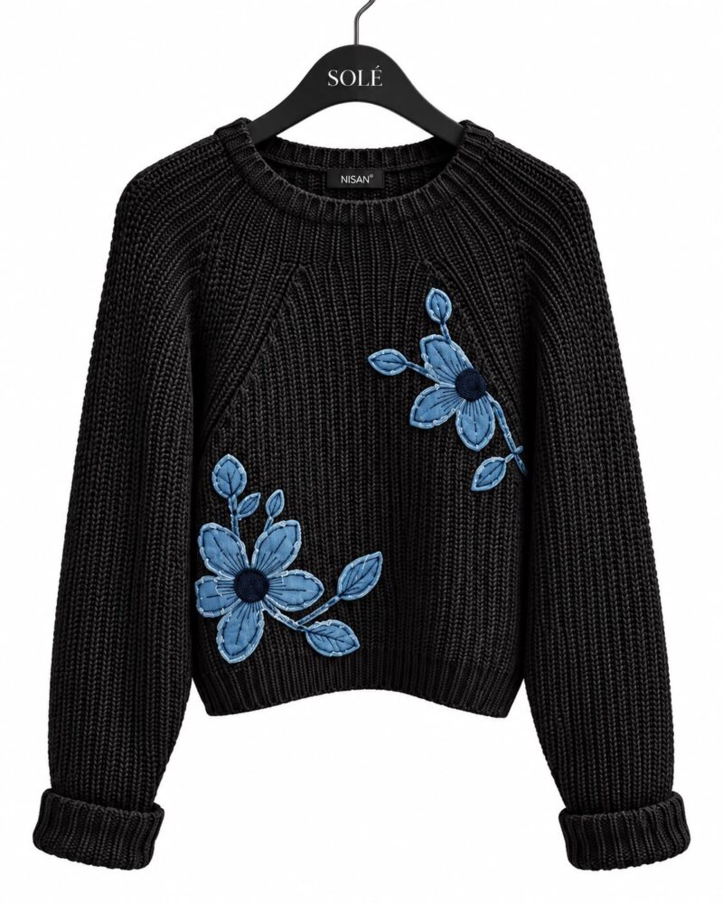 Black Knit Sweater With Blue Floral Embroidery