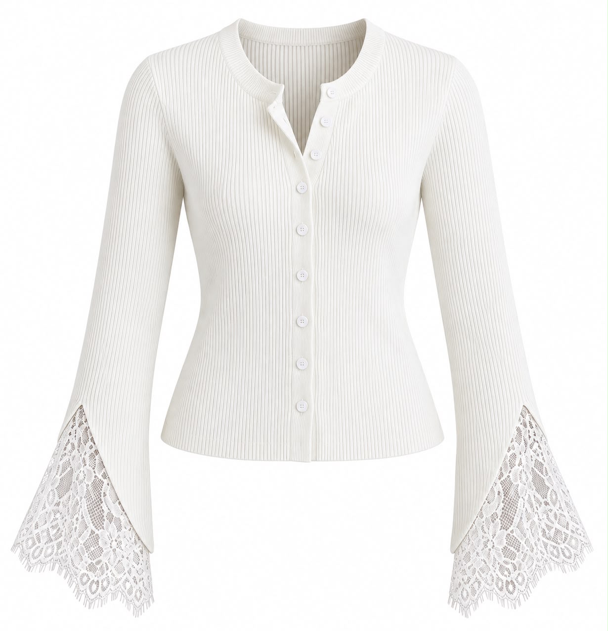 e0887e77-cf9f-4b82-a09a-b3b68d4fa5ad White Ribbed Cardigan With Lace Bell Sleeves - Image 1