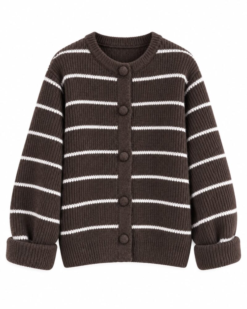 Brown Striped Knit Button Cardigan