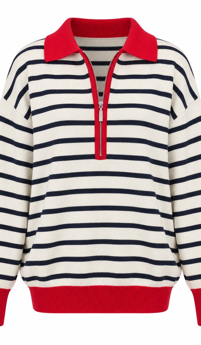Striped Quarter-Zip Knit Sweater With Red Collar