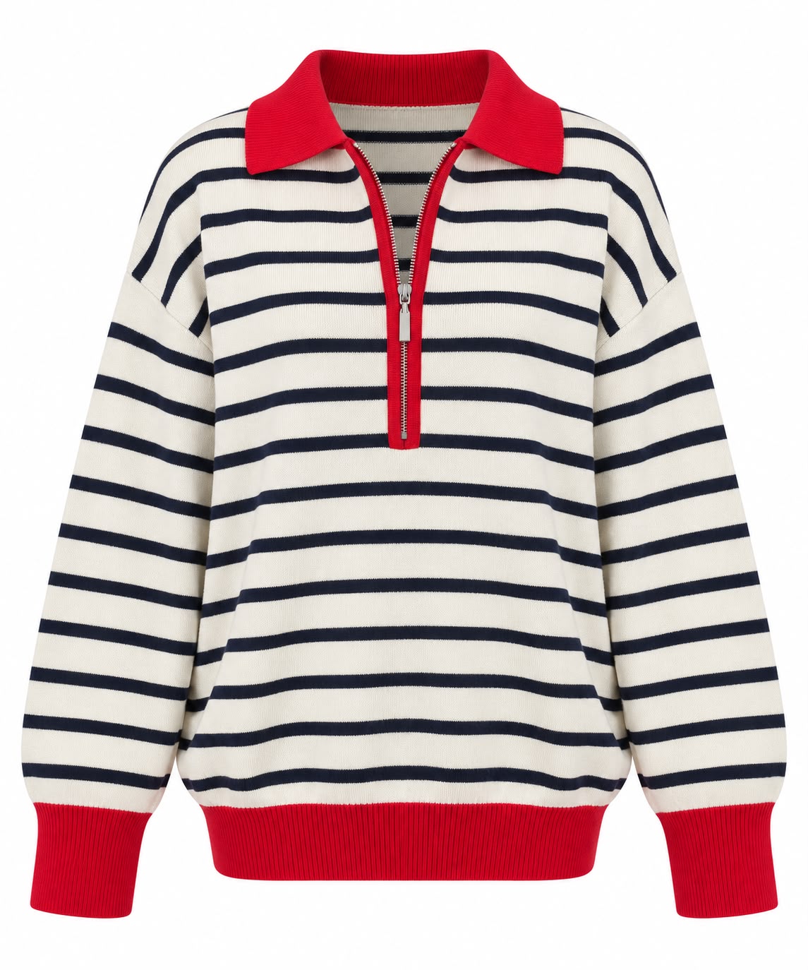 e4fbe3eb-d2f0-483a-b522-2e420de0a88d Striped Quarter-Zip Knit Sweater With Red Collar - Image 1