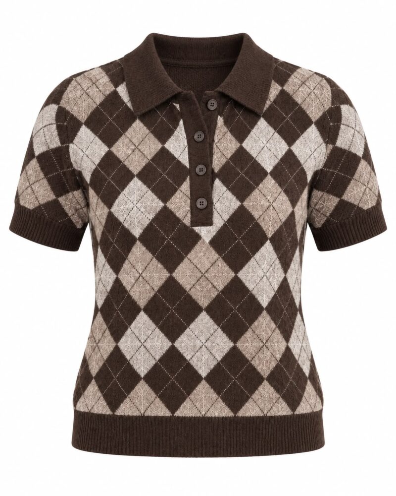 Brown Argyle Short Sleeve Knit Polo