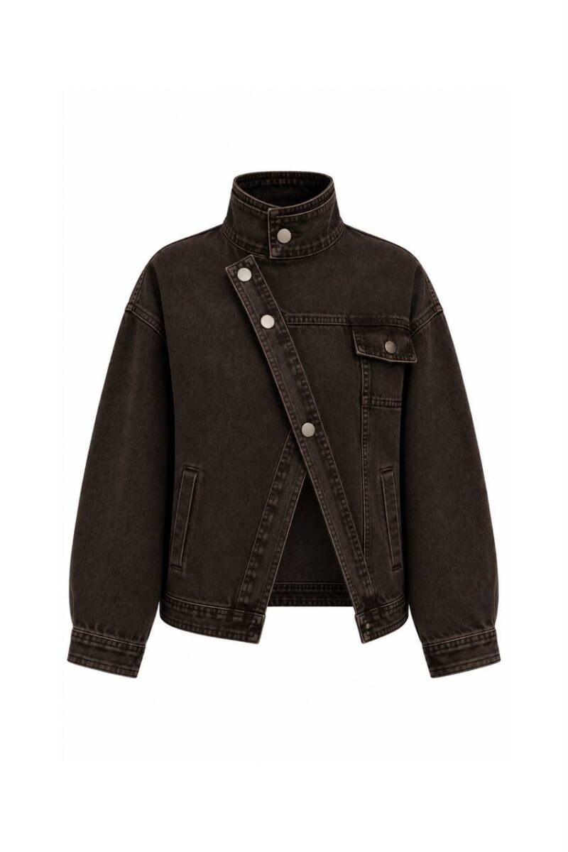 Black Asymmetrical Button Denim Jacket