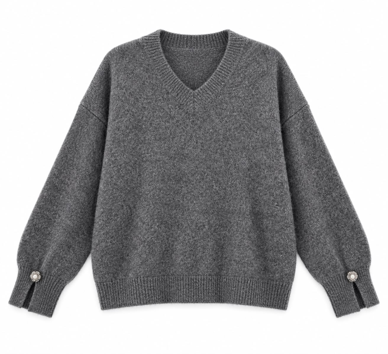 20bac8cd-7594-46af-8eb0-d08c36136fbb Gray V-Neck Wool Sweater With Button Cuffs - Image 1