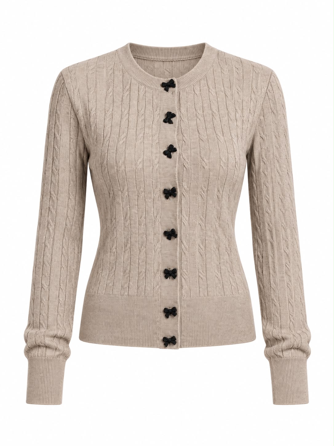 23c06af3-eb9f-4b64-8b7d-933e4abc5941 Beige Cable Knit Cardigan With Bow Buttons - Image 1