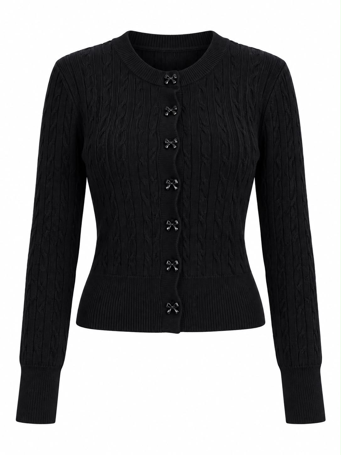 369710f1-5d7f-492f-b130-c07bb6dc4b88 Black Cable Knit Cardigan With Bow Buttons - Image 1
