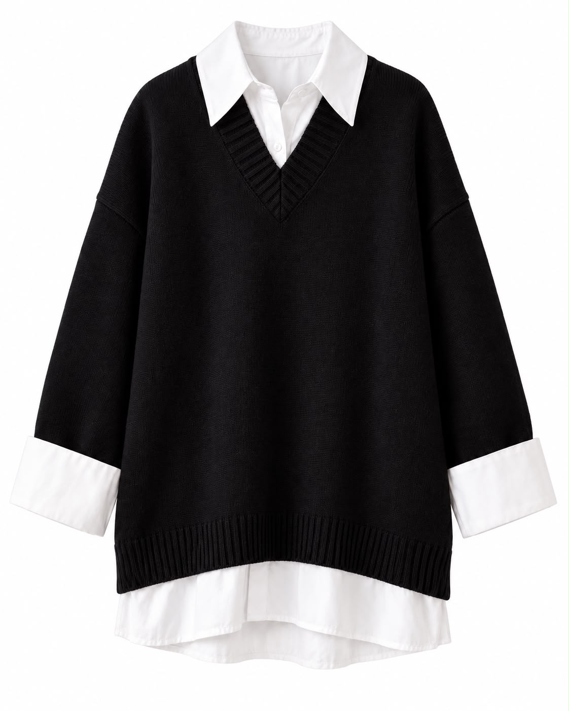 44271618-b128-4de2-963a-d119de9ff829 Black V-Neck Sweater With White Shirt Layer - Image 1