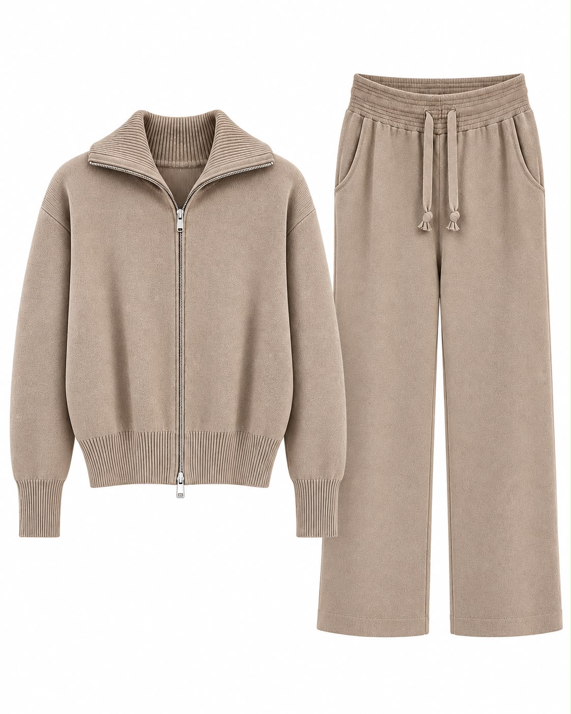 463bcd73-13f2-47a4-980d-bdebe3fa3ebc Beige Ribbed Zip Jacket and Pants Set - Image 1