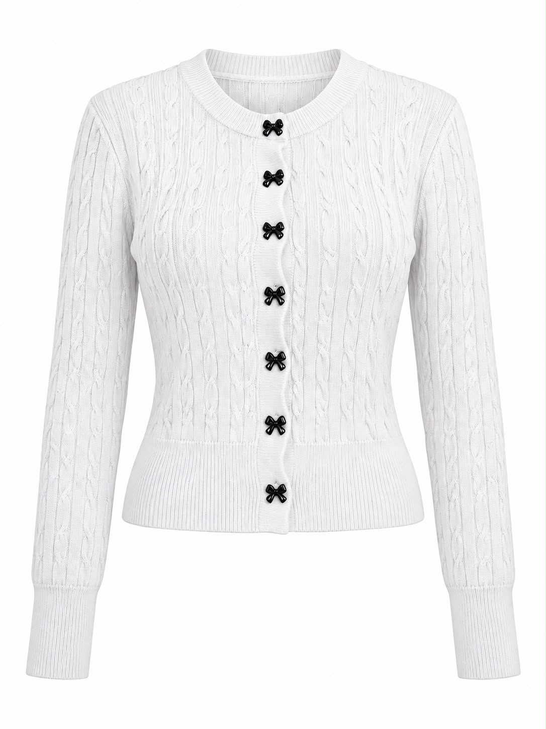 80716888-54fa-42ac-a74c-f40844767ed1 White Cable Knit Cardigan With Bow Buttons - Image 1