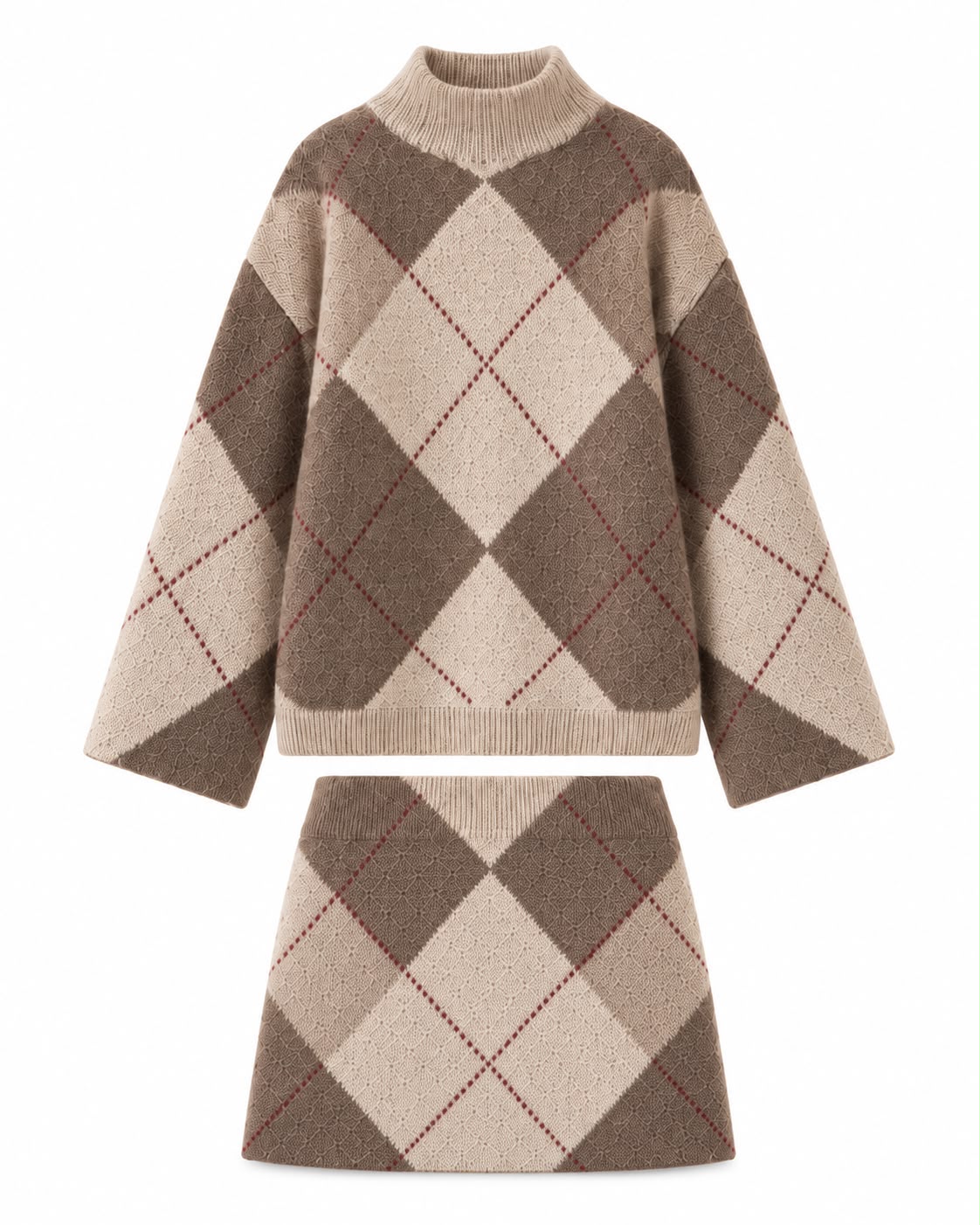 87edb41a-cd10-4653-b369-8f624be631ba Beige Brown Argyle Sweater and Skirt Set - Image 1