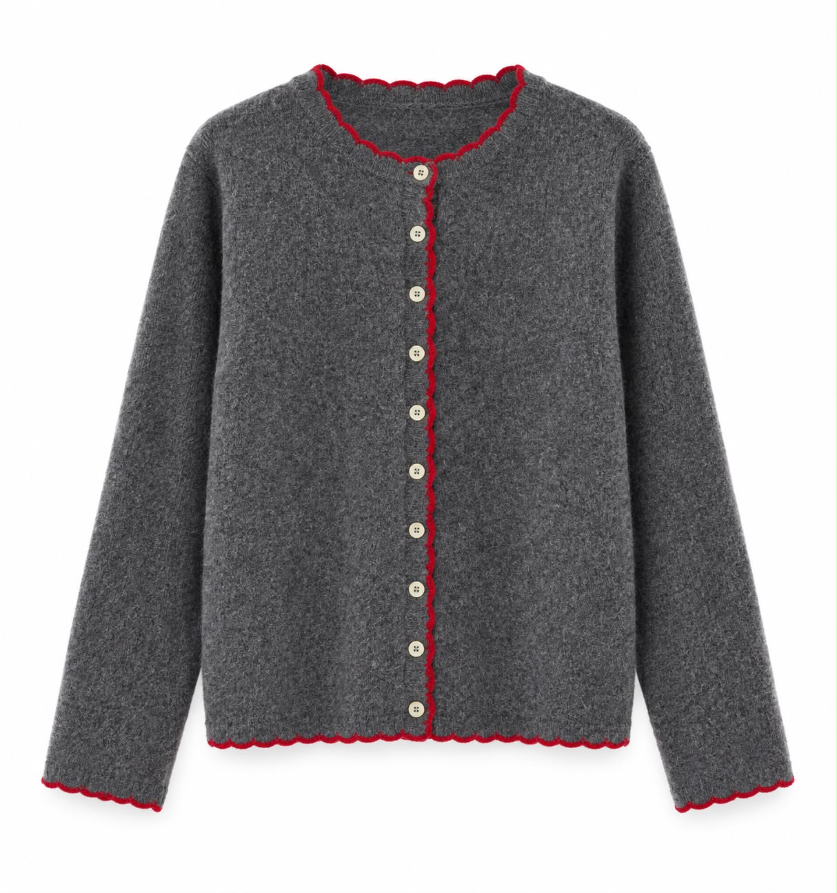 8a37fbda-0112-4ea0-bc28-8b5e57012552 Gray Button-Up Cardigan With Red Trim - Image 1