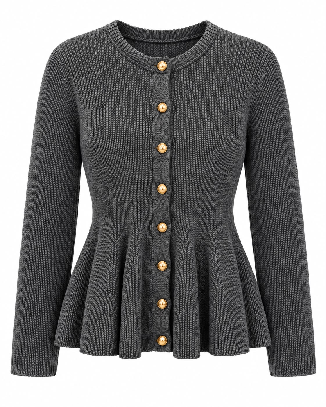 99851777-52ff-47ac-bfa8-056902d27a79 Gray Knit Cardigan With Gold Buttons - Image 1
