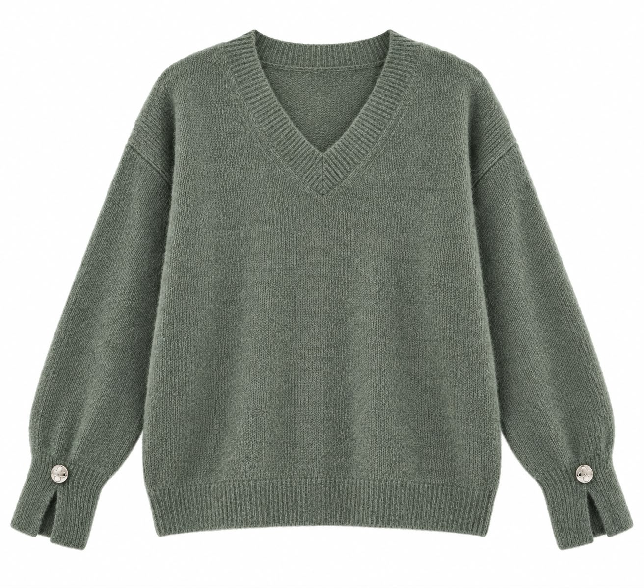 a46c20ef-b9d5-4fa0-b4f1-2e3d472886b9 Sage Green V-Neck Knit Sweater - Image 1
