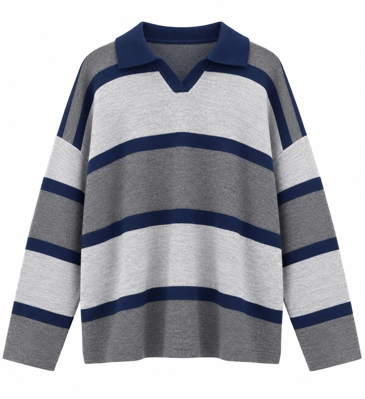 e87fe2a7-5a4c-4da7-8b20-92245340fc36 Striped Collared Knit Sweater Grey Navy - Image 1